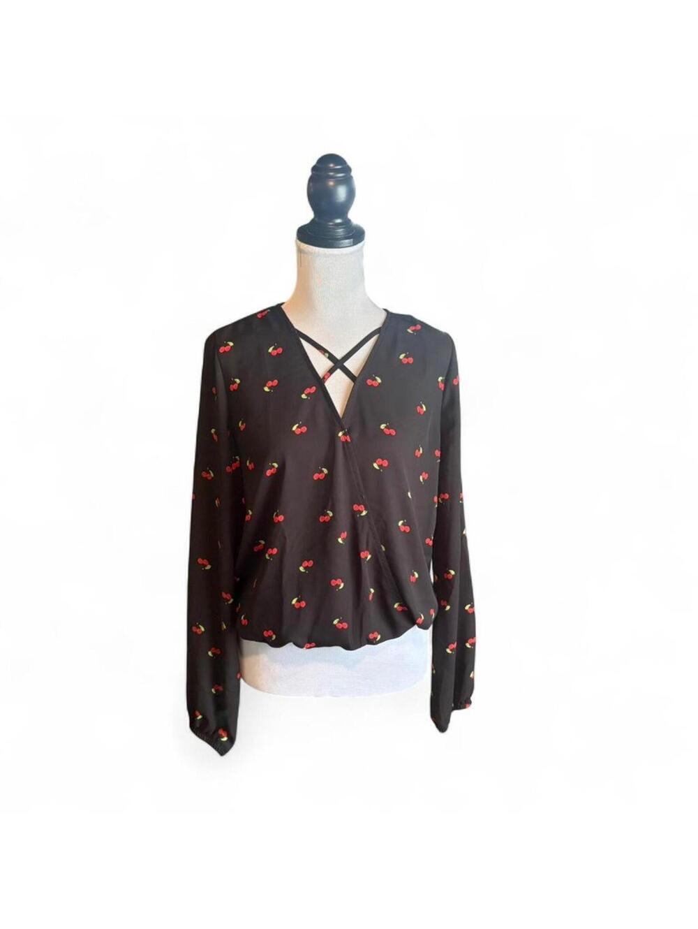 Rue 21 black cherry print faux wrap long sleeve top Size M #summercherries